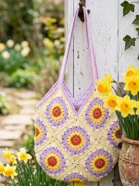 Handmade Boho Sunburst Crochet Shoulder Bag & Coin Purse Set Lined Spring Tote